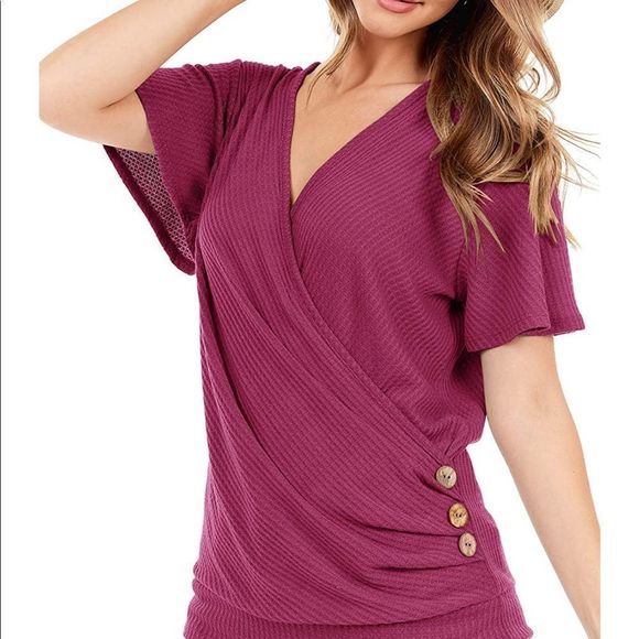 V-neck waffle top * cross wrap * Short sleeve * Medium - Picture 2 of 8